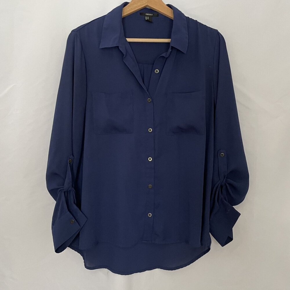 Forever 21 Womens‎ Button-Up Navy Blouse - Medium business casual blue shirt